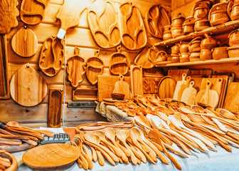 Wooden souvenirs on Christmas market in Riga
