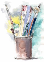 Painting tools. Watercolor handpainted sketch. Illustration of brushes in tin. - 331194994
