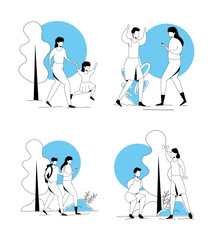 scenes of people practicing exercise vector illustration design