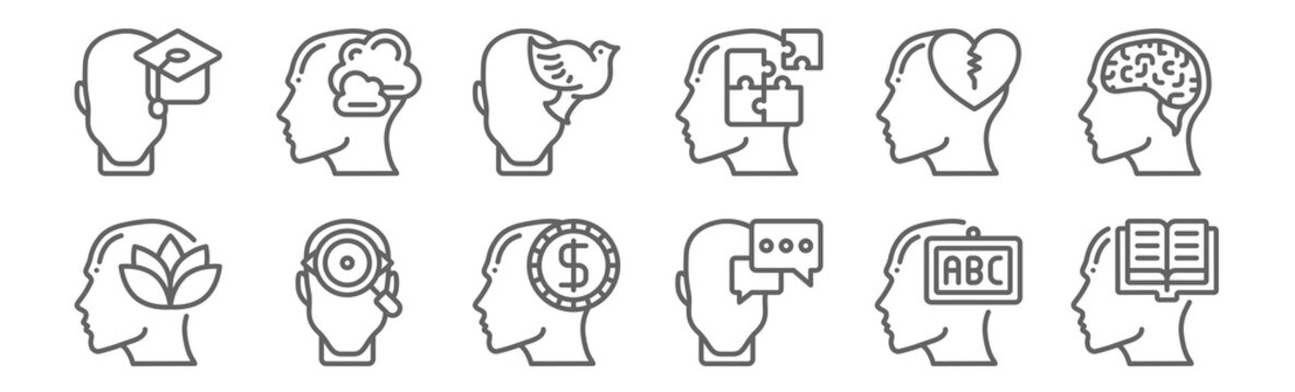 Set Of 12 Human Mind Icons. Outline Thin Line Icons Such As Study, Dialogue, Observation, Broken Heart, Calm, Dreaming