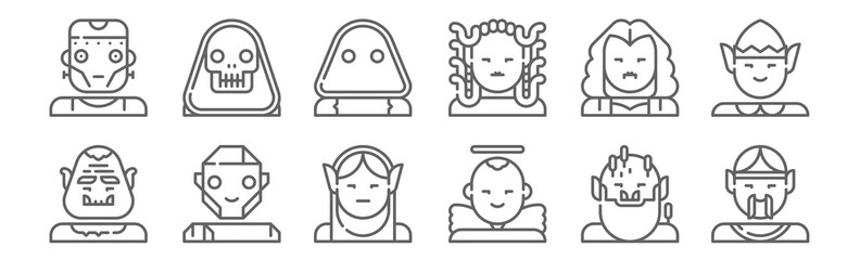 set of 12 fantastic characters icons. outline thin line icons such as genie, angel, giant, vampire, wraith, death - obrazy, fototapety, plakaty