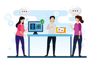 group people with code qr and icons vector illustration design