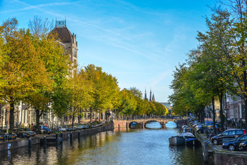 Cityscape with canal of Amsterdam, Holland