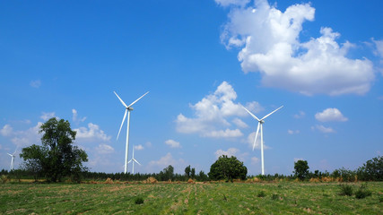 Fototapeta premium wind turbine and agricultural field with blue sky and clouds.