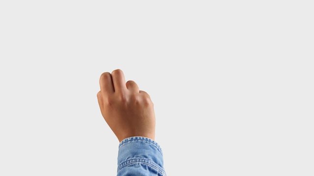mixed race deep skin tone male hand makes a scroll up with two fingers gesture on white. one click keying background