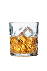 Old Fashioned Whiskey is contained in a crystal lowball glass with ice cubes. The showy illustrative picture is made on the white backdrop.