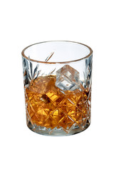 Old Fashioned Whiskey is contained in a crystal lowball glass with ice cubes. The showy illustrative picture is made on the white backdrop.