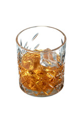 Old Fashioned Whiskey is contained in a crystal lowball glass with ice cubes. The showy illustrative picture is made on the white backdrop.