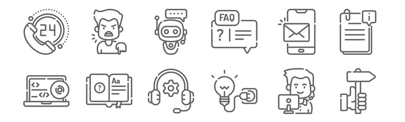 set of 12 support icons. outline thin line icons such as direction, solution, user, mail, chatbot, complain