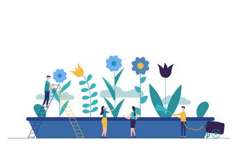 Vector illustration of spring flowers on white background, gardeners look after the garden, growing and studying plants in nature, clean ecology, a man watering with a hose plant