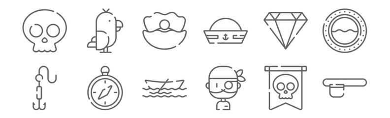 Obraz premium set of 12 pirates icons. outline thin line icons such as eyepatch, pirate, compass, diamond, clam, parrot