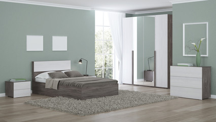 Modern interior of a bedroom with light green walls. 3D rendering.