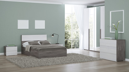 Modern interior of a bedroom with light green walls. 3D rendering.