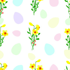 Easter eggs. Daffodil flowers. Vector illustration. Seamless pattern.