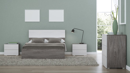 Modern interior of a bedroom with light green walls. 3D rendering.