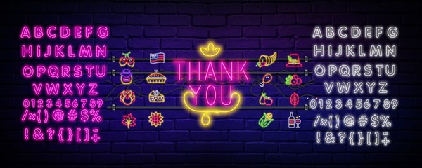 Happy Thanksgiving neon sign with a set of icons. Glowing neon Thanksgiving text. Night bright advertising. Vector illustration in neon style for cafe, restaurant, store