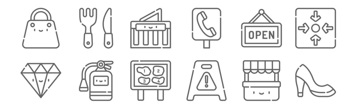 Set Of 12 Mall Icons. Outline Thin Line Icons Such As High Heels, Wet Floor, Extinguisher, Open, Mall, Cutlery