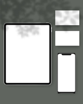 Vector stationery mockup with tablet, smartphone, business cards. Mockup vector with shadows overlays. Branding stationery mockup scene. Mockup vector isolated. Template design. 