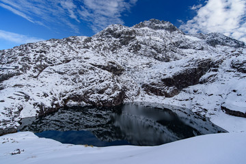 A lake in the snow mountains in Fiordland National Park, New Zealand