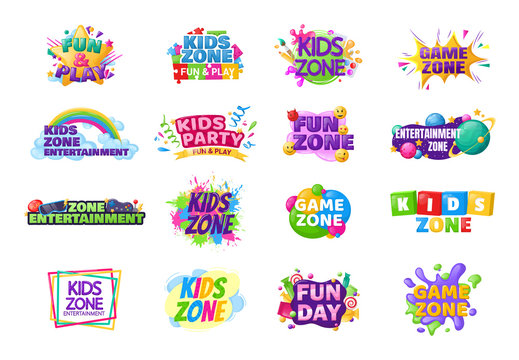 Kids zone entertainment set childish banner label sticker badge logo. Cartoon colorful logo for children's playroom decoration, kids zone vector