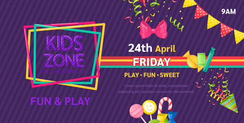 Kids zone entertainment childish banner for birthday party, childish fun party. Decoration for a children's playroom, kids game room. Party invitation, flyer template vector illustration