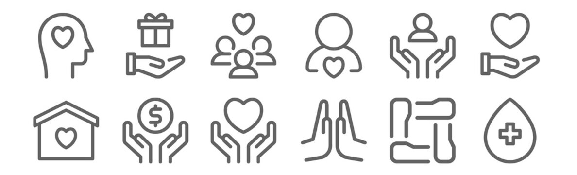 Set Of 12 Charity Icons. Outline Thin Line Icons Such As Blood Donation, Praying, Donation, Support, People, Donation