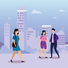 group of young people in cityscape vector illustration design