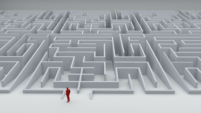 Businessman entrance  the maze. Concepts of finding a solution, problem solving, challenge etc. 3D illustration.