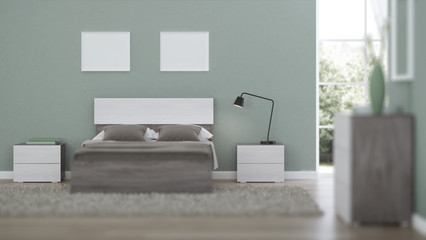 Modern interior of a bedroom with light green walls. 3D rendering.