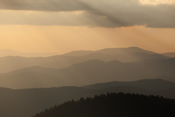Landscape of sunbeams and the Great Smoky Mountains near sunset from Clingman's Dome, North Carolina, USA