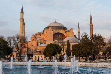 View of Hagia Sophia. Historic Temple in the center of Istanbul at sunset. Turkey