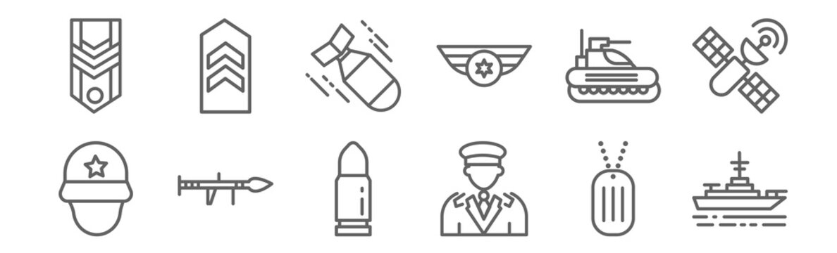 set of 12 military icons. outline thin line icons such as battleship, general, bazooka, tank, torpedo, chevron