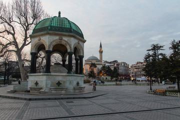 A view of the historic "German Fountain" is a historic 16th century Ottoman fountain in Istanbul at sunset. Turkey