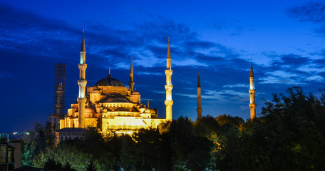 Ancient mosque at night in Istanbul, Turkey