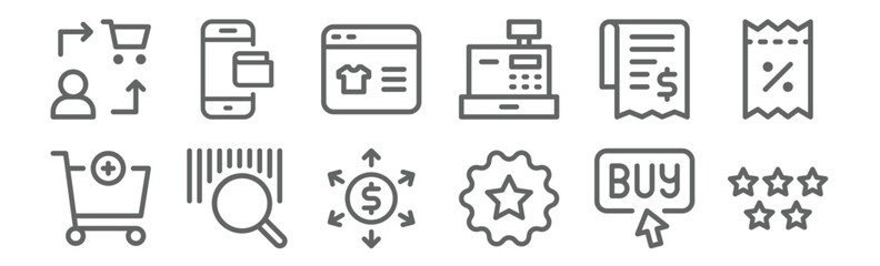 set of 12 commerce icons. outline thin line icons such as rating, recommended, barcode scan, receipt, online shopping, online wallet