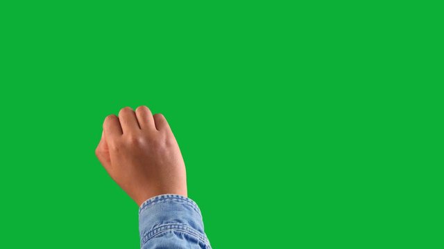 mixed race deep skin tone male hand makes a swipe up gesture on white. one click keying on chromakey green background