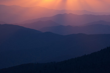 Fototapeta na wymiar Landscape of sunbeams and the Great Smoky Mountains near sunset from Clingman's Dome, North Carolina, USA