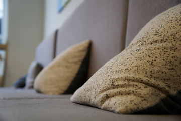 Beige pillows on canvas sofa, soft focus background
