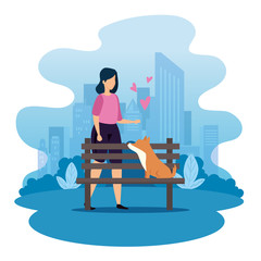 woman with wooden chair of park and dog vector illustration design