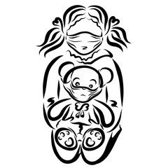 girl on her knees with a teddy bear in medical masks