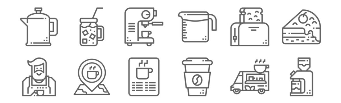 Set Of 12 Coffe Shop Icons. Outline Thin Line Icons Such As Coffee Grinder, Coffee Cup, Place, Toaster, Coffee Maker, Cold