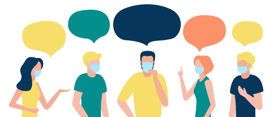 Communication of group of people with speech bubble in respiratory mask. Protection against disease. Men and women communicate. Vector illustration