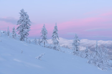 winter landscape in the mountains. Sunset over the mountains in the dusk evening. Colorful winter landscape in mountains