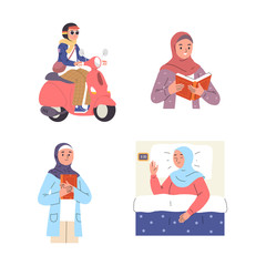 various types of activities of young women wearing hijab riding a scooter, sleeping, reading and learning, a set of illustrations of women wearing hijab