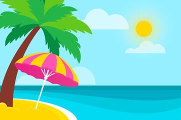 Parasol under the palm tree on Seashore. Time to travel. Tropical summer holidays. Flat.