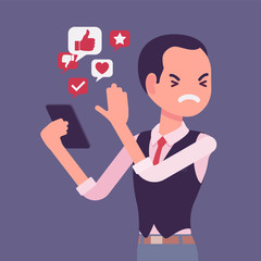 Mobile junk files from smartphone annoying man. Smart user removing space wasting trash information cleaning his phone with application, optimizing device. Vector flat style cartoon illustration