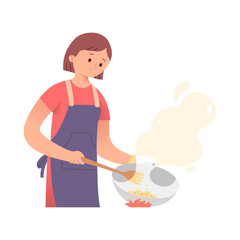 Fototapeta premium vector illustration of a woman or mother wearing an apron cooking with a pan with a lot of smoke