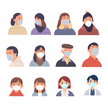 a collection of people's portrait collections using masks, a set of illustrations of people wearing masks on the face as personal protection from germs, viruses, bacteria, plague and pollution