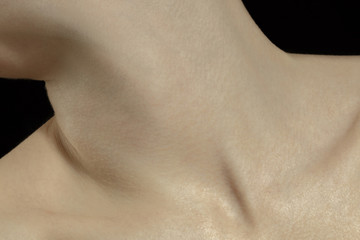 Collarbones. Detailed texture of human skin. Close up shot of young caucasian female body. Skincare, bodycare, healthcare, hygiene and medicine concept. Looks beauty and well-kept. Dermatology.