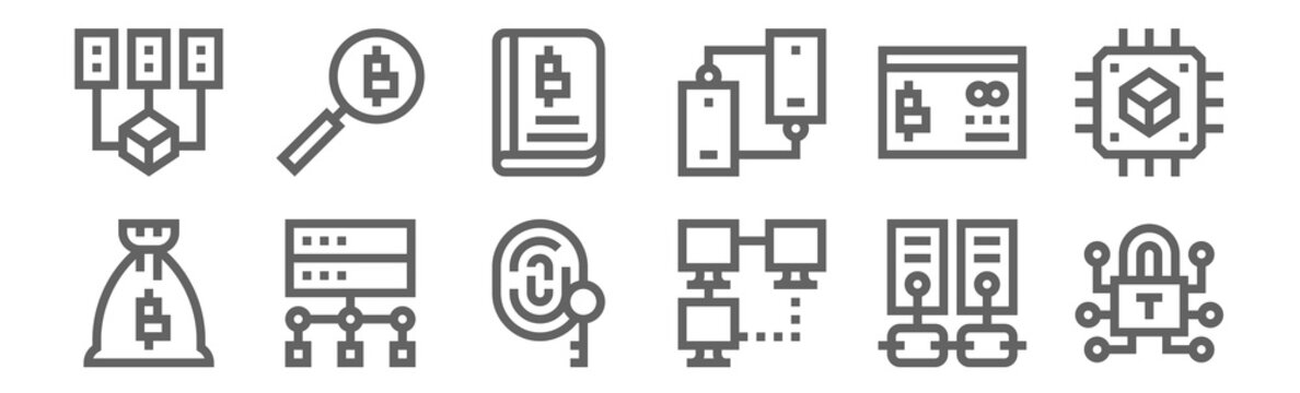 Set Of 12 Blockchain Icons. Outline Thin Line Icons Such As Lock, Peer To Peer, Server, Cit Card, Book, Bitcoin